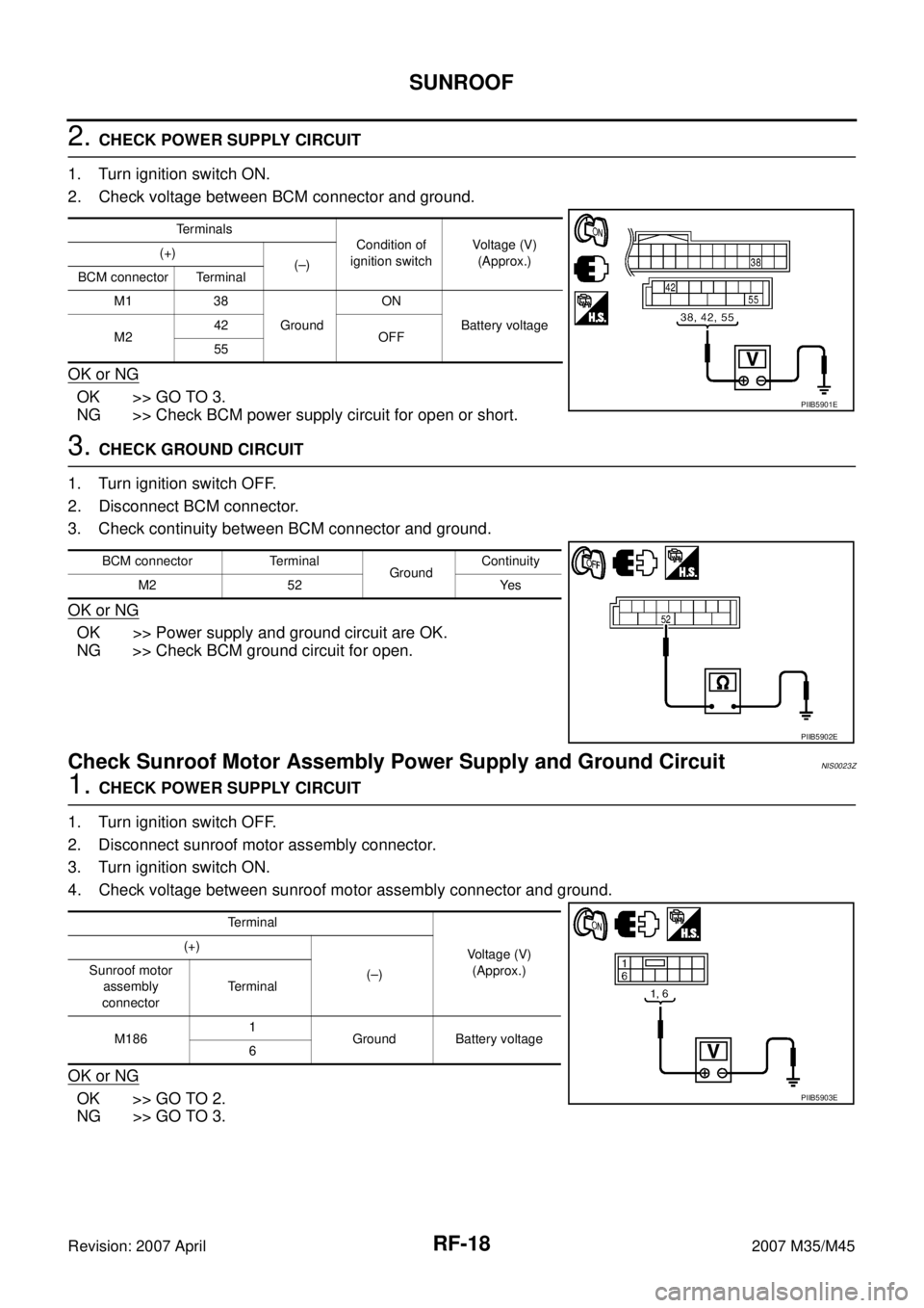 INFINITI M35 2007 Factory Service Manual RF-18
SUNROOF
Revision: 2007 April2007 M35/M45
2. CHECK POWER SUPPLY CIRCUIT
1. Turn ignition switch ON.
2. Check voltage between BCM connector and ground.
OK or NG
OK >> GO TO 3.
NG >> Check BCM powe INFINITI M35 2007 Factory Service Manual RF-18
SUNROOF
Revision: 2007 April2007 M35/M45
2. CHECK POWER SUPPLY CIRCUIT
1. Turn ignition switch ON.
2. Check voltage between BCM connector and ground.
OK or NG
OK >> GO TO 3.
NG >> Check BCM powe