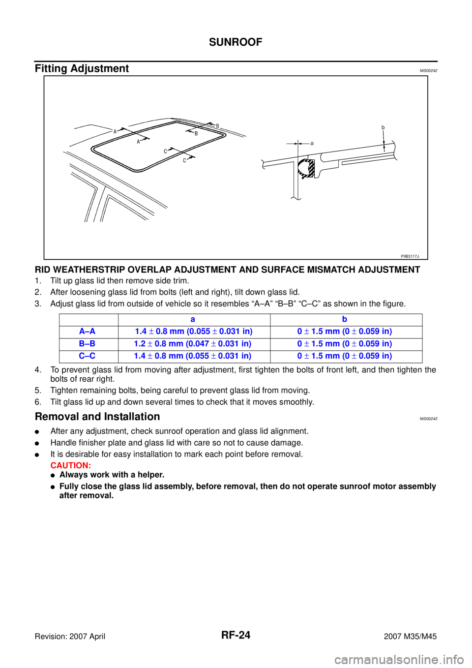 INFINITI M35 2007  Factory Service Manual RF-24
SUNROOF
Revision: 2007 April2007 M35/M45
Fitting AdjustmentNIS00242
RID WEATHERSTRIP OVERLAP ADJUSTMENT AND SURFACE MISMATCH ADJUSTMENT
1. Tilt up glass lid then remove side trim.
2. After loose