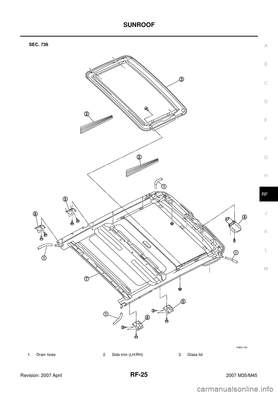 INFINITI M35 2007  Factory Service Manual SUNROOF
RF-25
C
D
E
F
G
H
J
K
L
MA
B
RF
Revision: 2007 April2007 M35/M45
1. Drain hose 2. Side trim (LH/RH) 3. Glass lid
PIIB3115E 