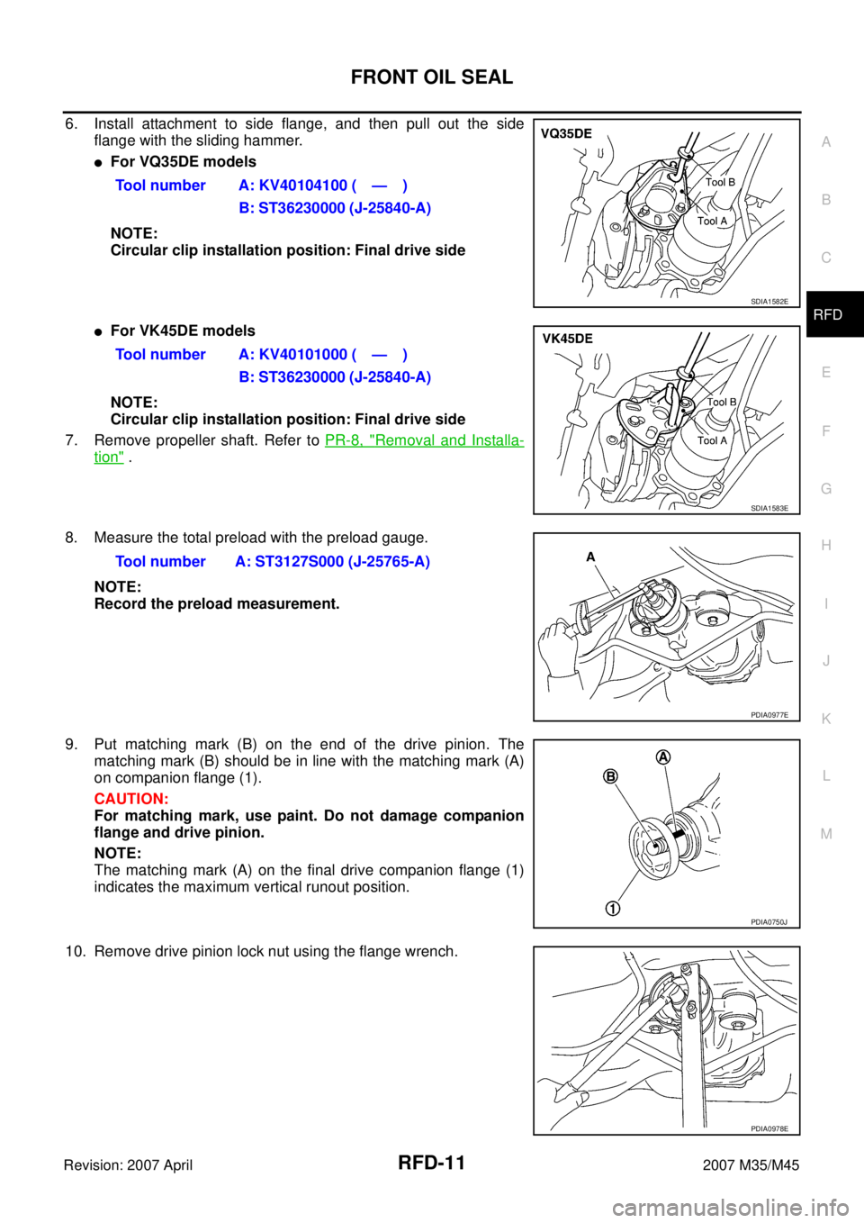 INFINITI M35 2007 Factory Service Manual FRONT OIL SEAL
RFD-11
C
E
F
G
H
I
J
K
L
MA
B
RFD
Revision: 2007 April2007 M35/M45
6. Install attachment to side flange, and then pull out the side
flange with the sliding hammer.
For VQ35DE models
NO INFINITI M35 2007 Factory Service Manual FRONT OIL SEAL
RFD-11
C
E
F
G
H
I
J
K
L
MA
B
RFD
Revision: 2007 April2007 M35/M45
6. Install attachment to side flange, and then pull out the side
flange with the sliding hammer.
For VQ35DE models
NO