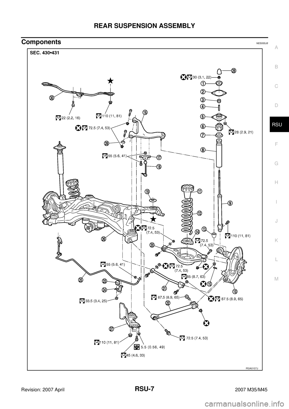 INFINITI M35 2007  Factory Service Manual REAR SUSPENSION ASSEMBLY
RSU-7
C
D
F
G
H
I
J
K
L
MA
B
RSU
Revision: 2007 April2007 M35/M45
ComponentsNES000J8
PEIA0107J 