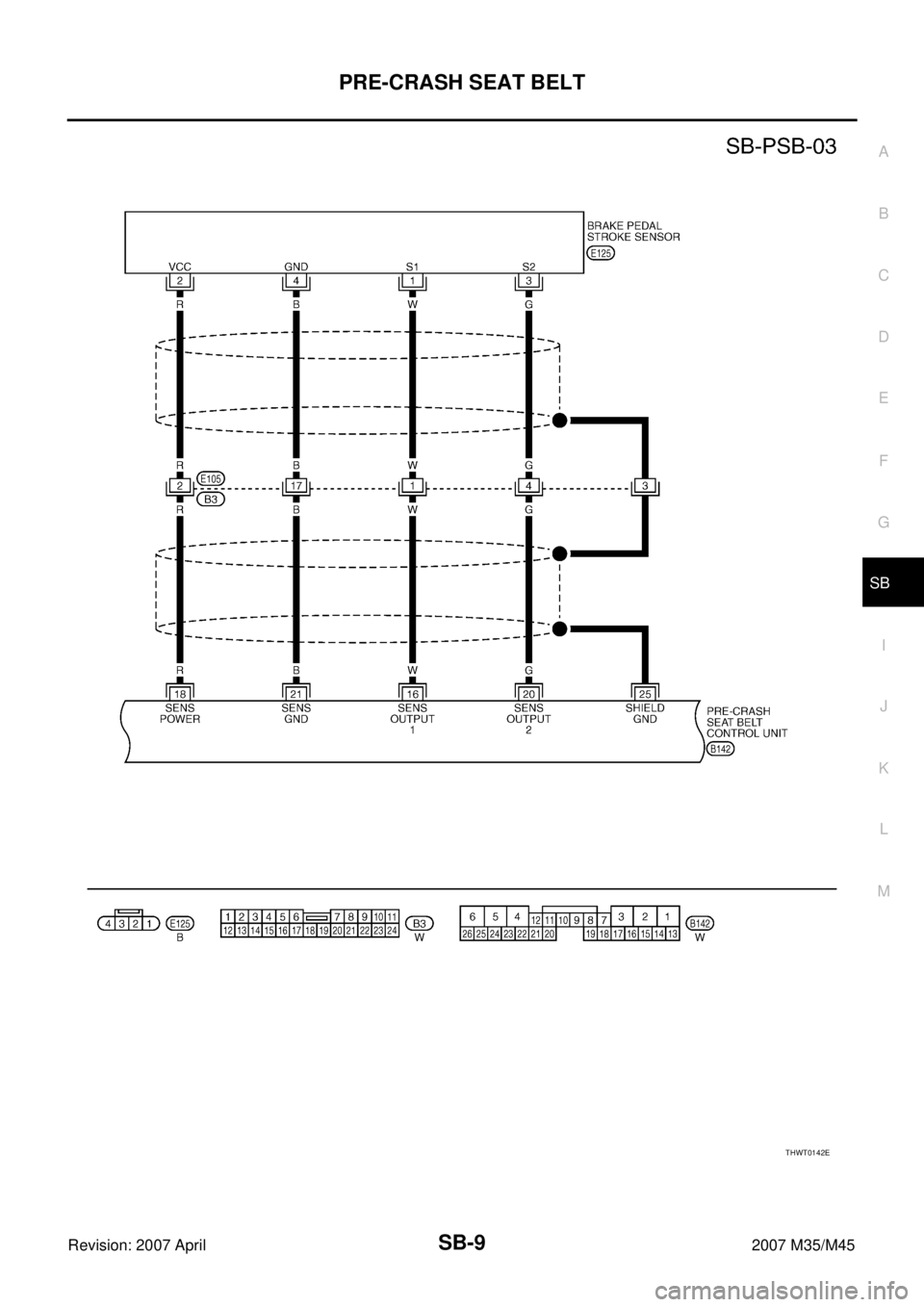 INFINITI M35 2007  Factory Service Manual PRE-CRASH SEAT BELT
SB-9
C
D
E
F
G
I
J
K
L
MA
B
SB
Revision: 2007 April2007 M35/M45
THWT0142E 