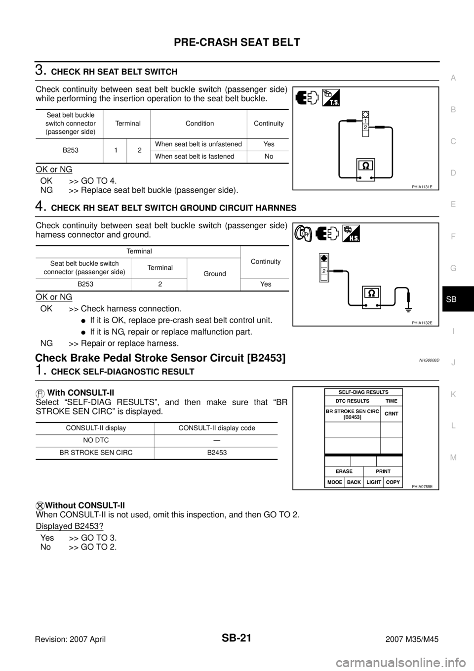 INFINITI M35 2007  Factory Service Manual PRE-CRASH SEAT BELT
SB-21
C
D
E
F
G
I
J
K
L
MA
B
SB
Revision: 2007 April2007 M35/M45
3. CHECK RH SEAT BELT SWITCH
Check continuity between seat belt buckle switch (passenger side)
while performing the