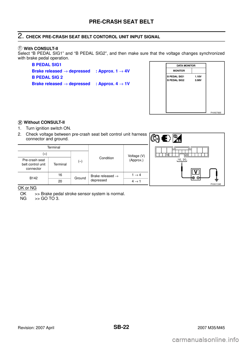 INFINITI M35 2007  Factory Service Manual SB-22
PRE-CRASH SEAT BELT
Revision: 2007 April2007 M35/M45
2. CHECK PRE-CRASH SEAT BELT CONTOROL UNIT INPUT SIGNAL
 With CONSULT-II
Select “B PEDAL SIG1” and “B PEDAL SIG2”, and then make sure