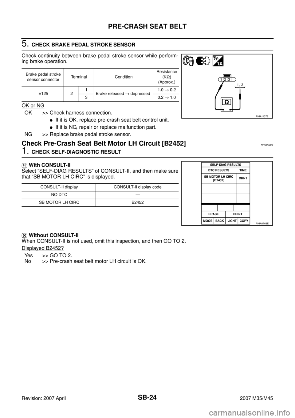 INFINITI M35 2007  Factory Service Manual SB-24
PRE-CRASH SEAT BELT
Revision: 2007 April2007 M35/M45
5. CHECK BRAKE PEDAL STROKE SENSOR
Check continuity between brake pedal stroke sensor while perform-
ing brake operation.
OK or NG
OK >> Chec