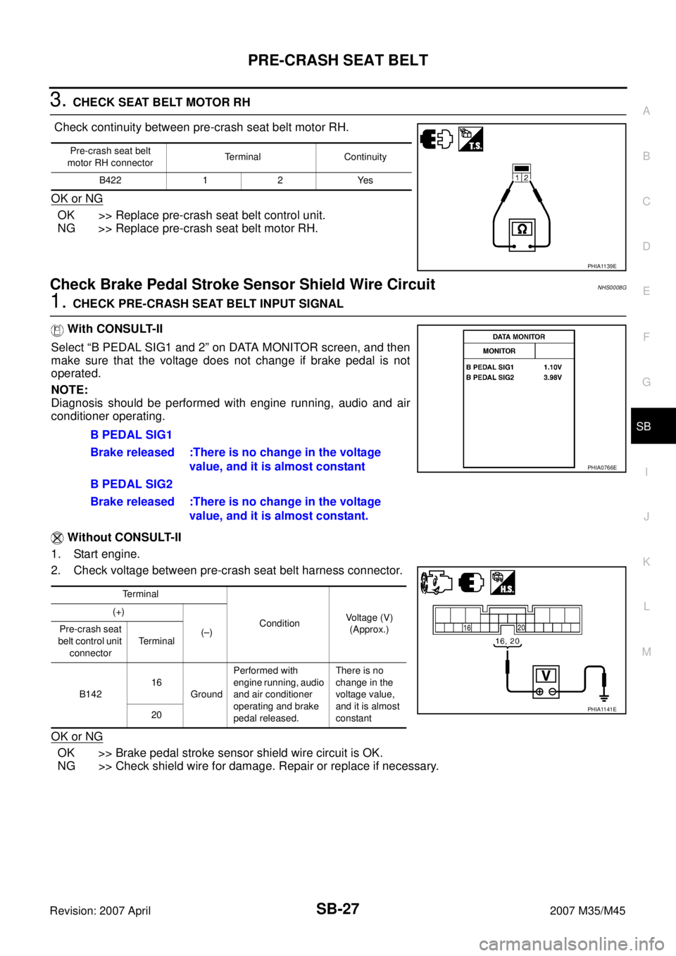 INFINITI M35 2007  Factory Service Manual PRE-CRASH SEAT BELT
SB-27
C
D
E
F
G
I
J
K
L
MA
B
SB
Revision: 2007 April2007 M35/M45
3. CHECK SEAT BELT MOTOR RH
 Check continuity between pre-crash seat belt motor RH.
OK or NG
OK >> Replace pre-cras