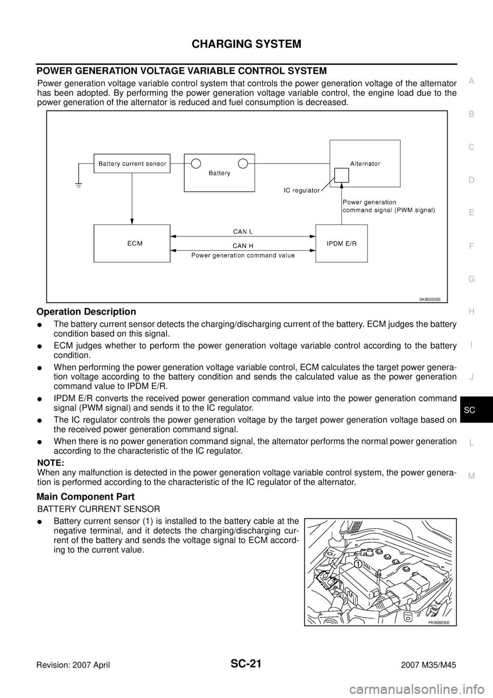 INFINITI M35 2007 Factory Service Manual CHARGING SYSTEM
SC-21
C
D
E
F
G
H
I
J
L
MA
B
SC
Revision: 2007 April2007 M35/M45
POWER GENERATION VOLTAGE VARIABLE CONTROL SYSTEM
Power generation voltage variable control system that controls the pow INFINITI M35 2007 Factory Service Manual CHARGING SYSTEM
SC-21
C
D
E
F
G
H
I
J
L
MA
B
SC
Revision: 2007 April2007 M35/M45
POWER GENERATION VOLTAGE VARIABLE CONTROL SYSTEM
Power generation voltage variable control system that controls the pow
