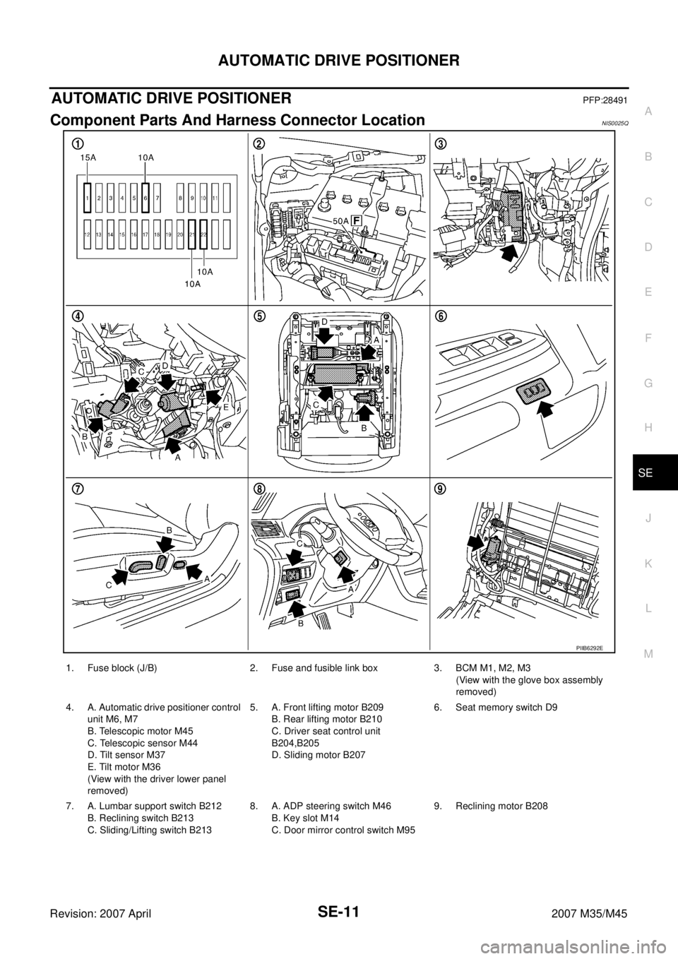 INFINITI M35 2007  Factory Service Manual AUTOMATIC DRIVE POSITIONER
SE-11
C
D
E
F
G
H
J
K
L
MA
B
SE
Revision: 2007 April2007 M35/M45
AUTOMATIC DRIVE POSITIONERPFP:28491
Component Parts And Harness Connector LocationNIS0025Q
PIIB6292E
1. Fuse