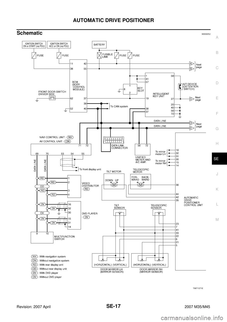 INFINITI M35 2007  Factory Service Manual AUTOMATIC DRIVE POSITIONER
SE-17
C
D
E
F
G
H
J
K
L
MA
B
SE
Revision: 2007 April2007 M35/M45
SchematicNIS0025U
TIWT1371E 