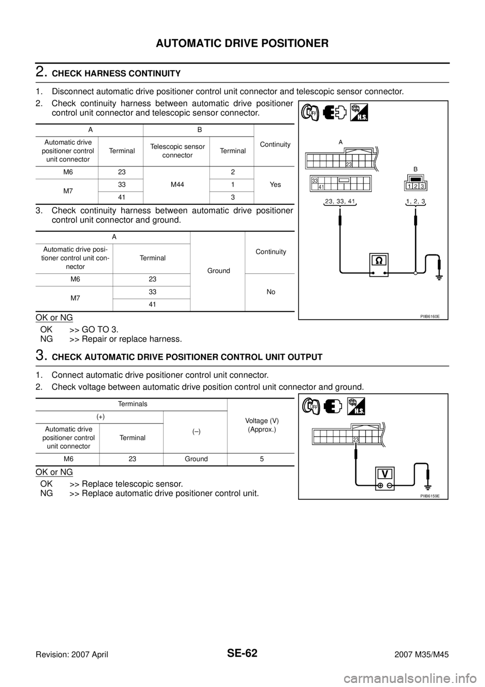 INFINITI M35 2007 Factory Service Manual SE-62
AUTOMATIC DRIVE POSITIONER
Revision: 2007 April2007 M35/M45
2. CHECK HARNESS CONTINUITY
1. Disconnect automatic drive positioner control unit connector and telescopic sensor connector.
2. Check INFINITI M35 2007 Factory Service Manual SE-62
AUTOMATIC DRIVE POSITIONER
Revision: 2007 April2007 M35/M45
2. CHECK HARNESS CONTINUITY
1. Disconnect automatic drive positioner control unit connector and telescopic sensor connector.
2. Check