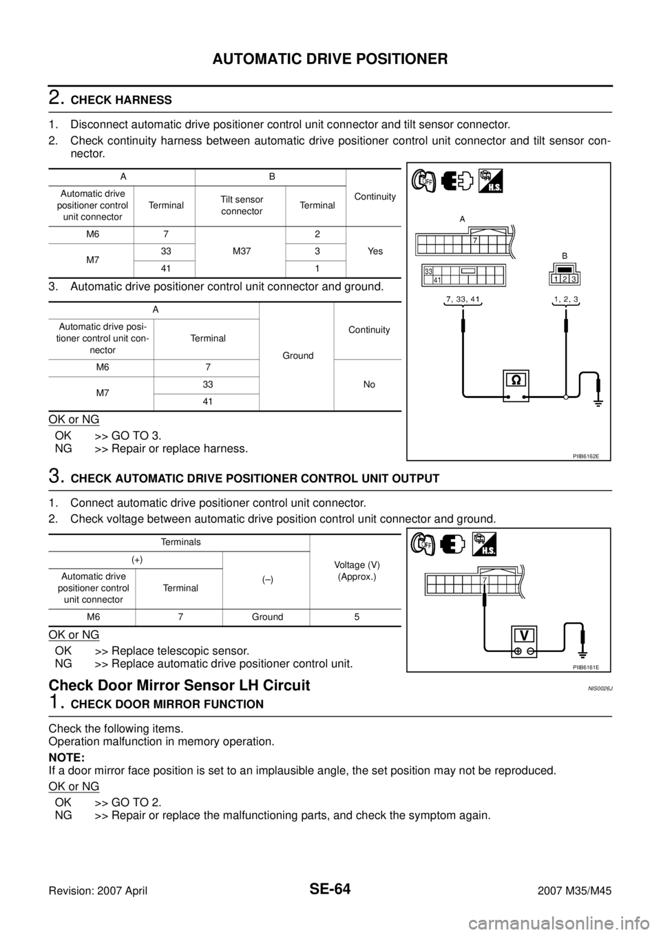 INFINITI M35 2007 Factory Service Manual SE-64
AUTOMATIC DRIVE POSITIONER
Revision: 2007 April2007 M35/M45
2. CHECK HARNESS
1. Disconnect automatic drive positioner control unit connector and tilt sensor connector.
2. Check continuity harnes INFINITI M35 2007 Factory Service Manual SE-64
AUTOMATIC DRIVE POSITIONER
Revision: 2007 April2007 M35/M45
2. CHECK HARNESS
1. Disconnect automatic drive positioner control unit connector and tilt sensor connector.
2. Check continuity harnes
