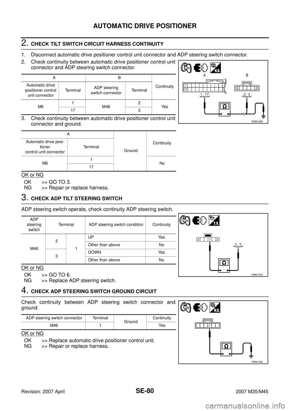 INFINITI M35 2007  Factory Service Manual SE-80
AUTOMATIC DRIVE POSITIONER
Revision: 2007 April2007 M35/M45
2. CHECK TILT SWITCH CIRCUIT HARNESS CONTINUITY
1. Disconnect automatic drive positioner control unit connector and ADP steering switc