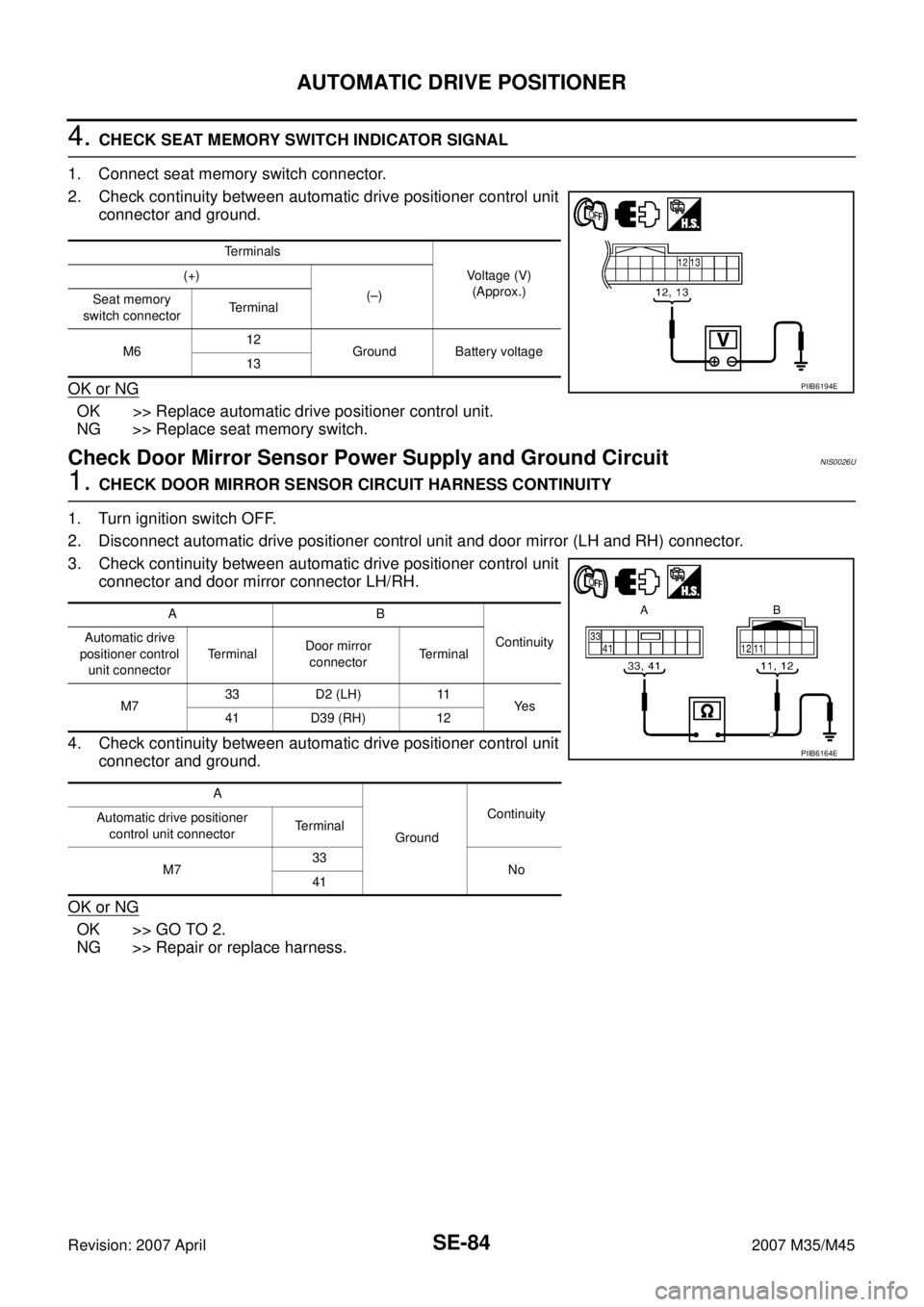 INFINITI M35 2007 Factory Service Manual SE-84
AUTOMATIC DRIVE POSITIONER
Revision: 2007 April2007 M35/M45
4. CHECK SEAT MEMORY SWITCH INDICATOR SIGNAL
1. Connect seat memory switch connector.
2. Check continuity between automatic drive posi INFINITI M35 2007 Factory Service Manual SE-84
AUTOMATIC DRIVE POSITIONER
Revision: 2007 April2007 M35/M45
4. CHECK SEAT MEMORY SWITCH INDICATOR SIGNAL
1. Connect seat memory switch connector.
2. Check continuity between automatic drive posi