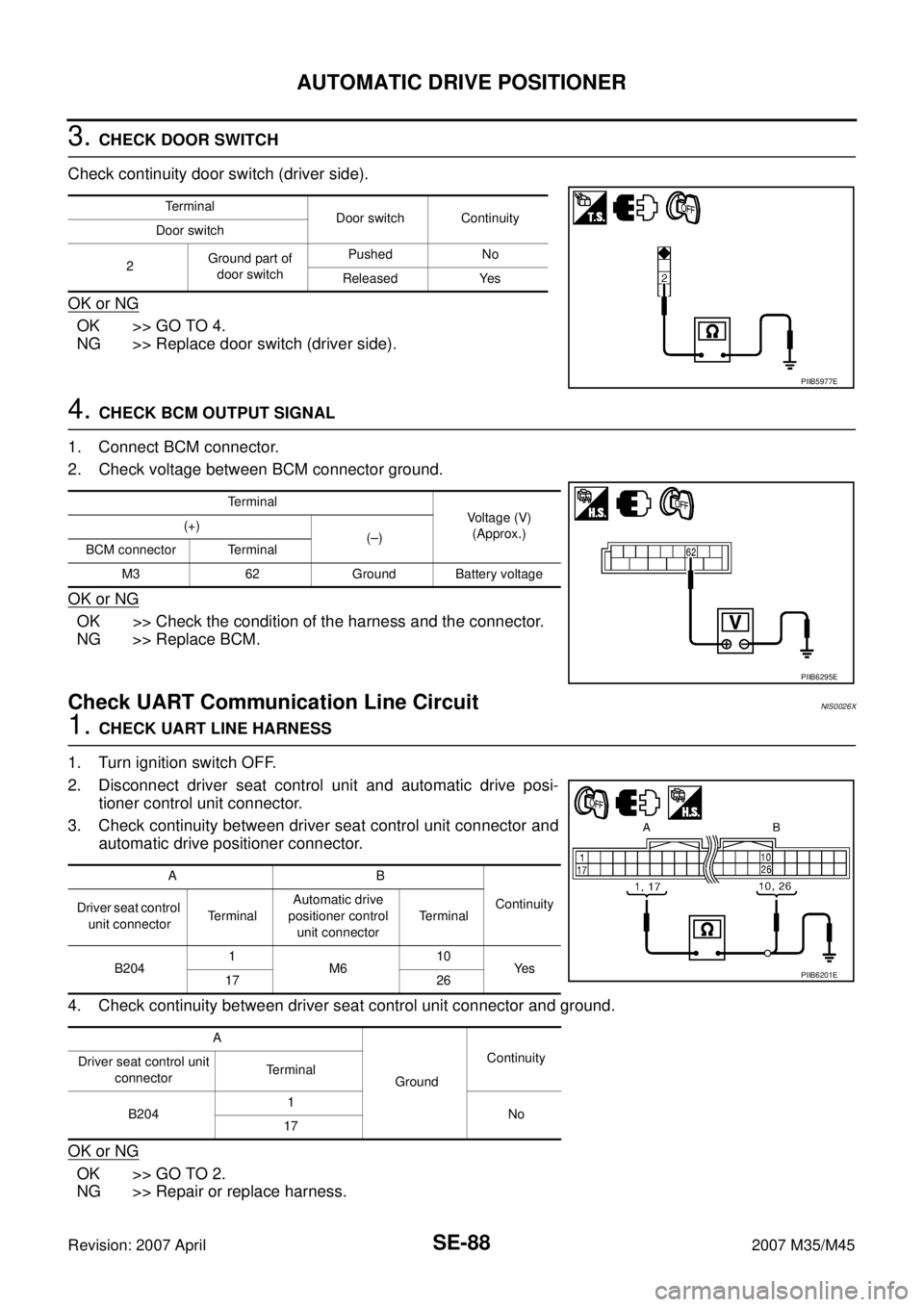 INFINITI M35 2007 Factory Service Manual SE-88
AUTOMATIC DRIVE POSITIONER
Revision: 2007 April2007 M35/M45
3. CHECK DOOR SWITCH
Check continuity door switch (driver side).
OK or NG
OK >> GO TO 4.
NG >> Replace door switch (driver side).
4. C INFINITI M35 2007 Factory Service Manual SE-88
AUTOMATIC DRIVE POSITIONER
Revision: 2007 April2007 M35/M45
3. CHECK DOOR SWITCH
Check continuity door switch (driver side).
OK or NG
OK >> GO TO 4.
NG >> Replace door switch (driver side).
4. C