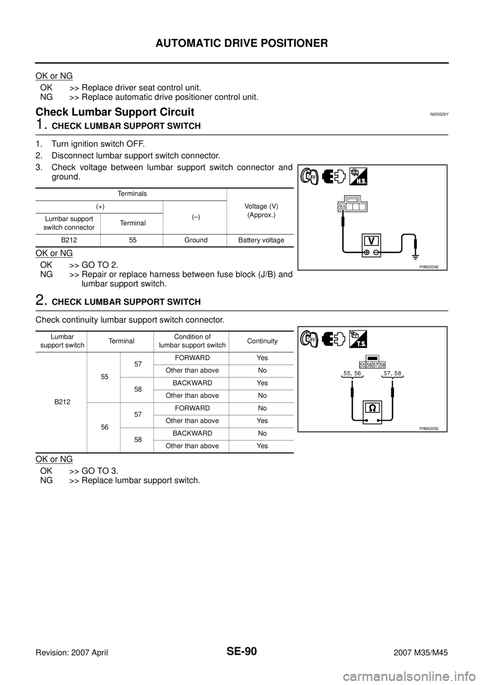 INFINITI M35 2007 Factory Service Manual SE-90
AUTOMATIC DRIVE POSITIONER
Revision: 2007 April2007 M35/M45
OK or NG
OK >> Replace driver seat control unit.
NG >> Replace automatic drive positioner control unit.
Check Lumbar Support Circuit INFINITI M35 2007 Factory Service Manual SE-90
AUTOMATIC DRIVE POSITIONER
Revision: 2007 April2007 M35/M45
OK or NG
OK >> Replace driver seat control unit.
NG >> Replace automatic drive positioner control unit.
Check Lumbar Support Circuit