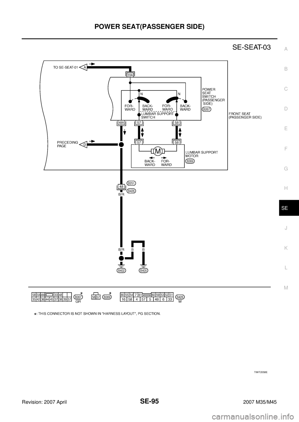 INFINITI M35 2007  Factory Service Manual POWER SEAT(PASSENGER SIDE)
SE-95
C
D
E
F
G
H
J
K
L
MA
B
SE
Revision: 2007 April2007 M35/M45
TIWT2058E 