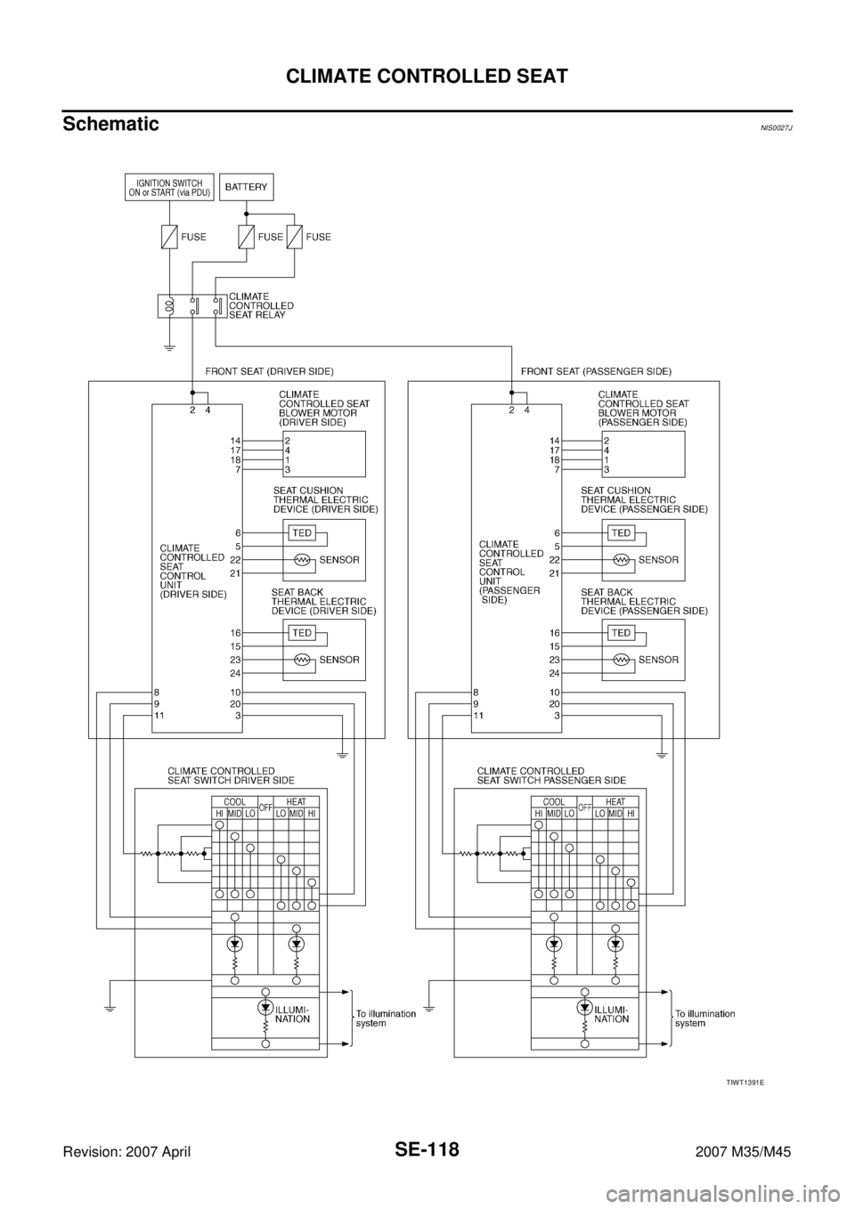 INFINITI M35 2007  Factory Service Manual SE-118
CLIMATE CONTROLLED SEAT
Revision: 2007 April2007 M35/M45
SchematicNIS0027J
TIWT1391E 