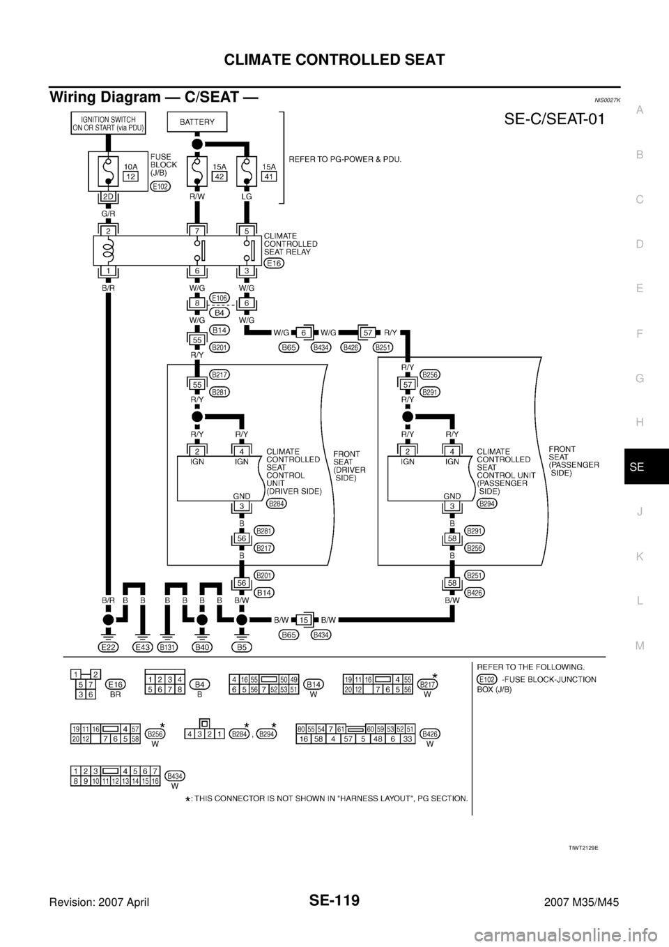 INFINITI M35 2007  Factory Service Manual CLIMATE CONTROLLED SEAT
SE-119
C
D
E
F
G
H
J
K
L
MA
B
SE
Revision: 2007 April2007 M35/M45
Wiring Diagram — C/SEAT — NIS0027K
TIWT2129E 