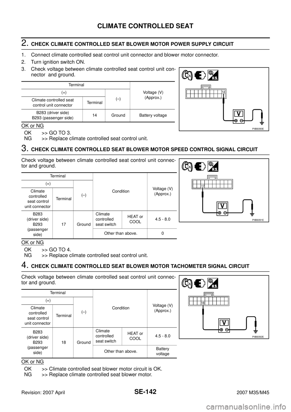 INFINITI M35 2007 Factory Service Manual SE-142
CLIMATE CONTROLLED SEAT
Revision: 2007 April2007 M35/M45
2. CHECK CLIMATE CONTROLLED SEAT BLOWER MOTOR POWER SUPPLY CIRCUIT
1. Connect climate controlled seat control unit connector and blower INFINITI M35 2007 Factory Service Manual SE-142
CLIMATE CONTROLLED SEAT
Revision: 2007 April2007 M35/M45
2. CHECK CLIMATE CONTROLLED SEAT BLOWER MOTOR POWER SUPPLY CIRCUIT
1. Connect climate controlled seat control unit connector and blower