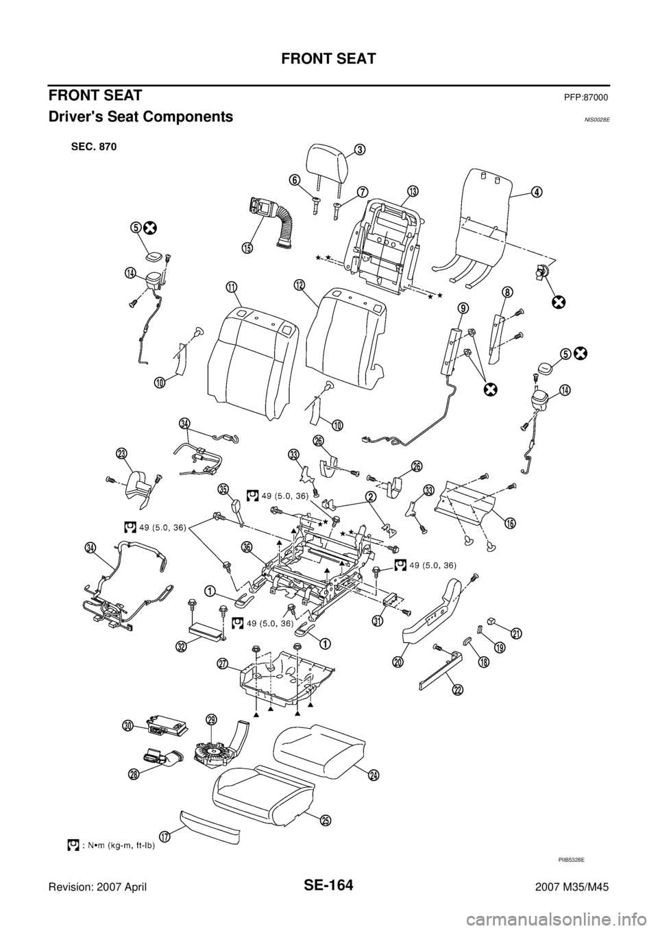 INFINITI M35 2007  Factory Service Manual SE-164
FRONT SEAT
Revision: 2007 April2007 M35/M45
FRONT SEATPFP:87000
Drivers Seat ComponentsNIS0028E
PIIB5328E 
