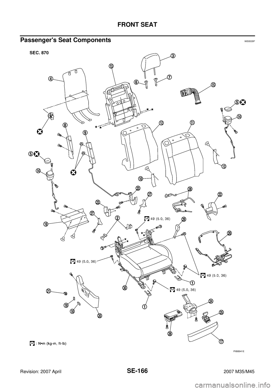 INFINITI M35 2007  Factory Service Manual SE-166
FRONT SEAT
Revision: 2007 April2007 M35/M45
Passengers Seat ComponentsNIS0028F
PIIB8941E 