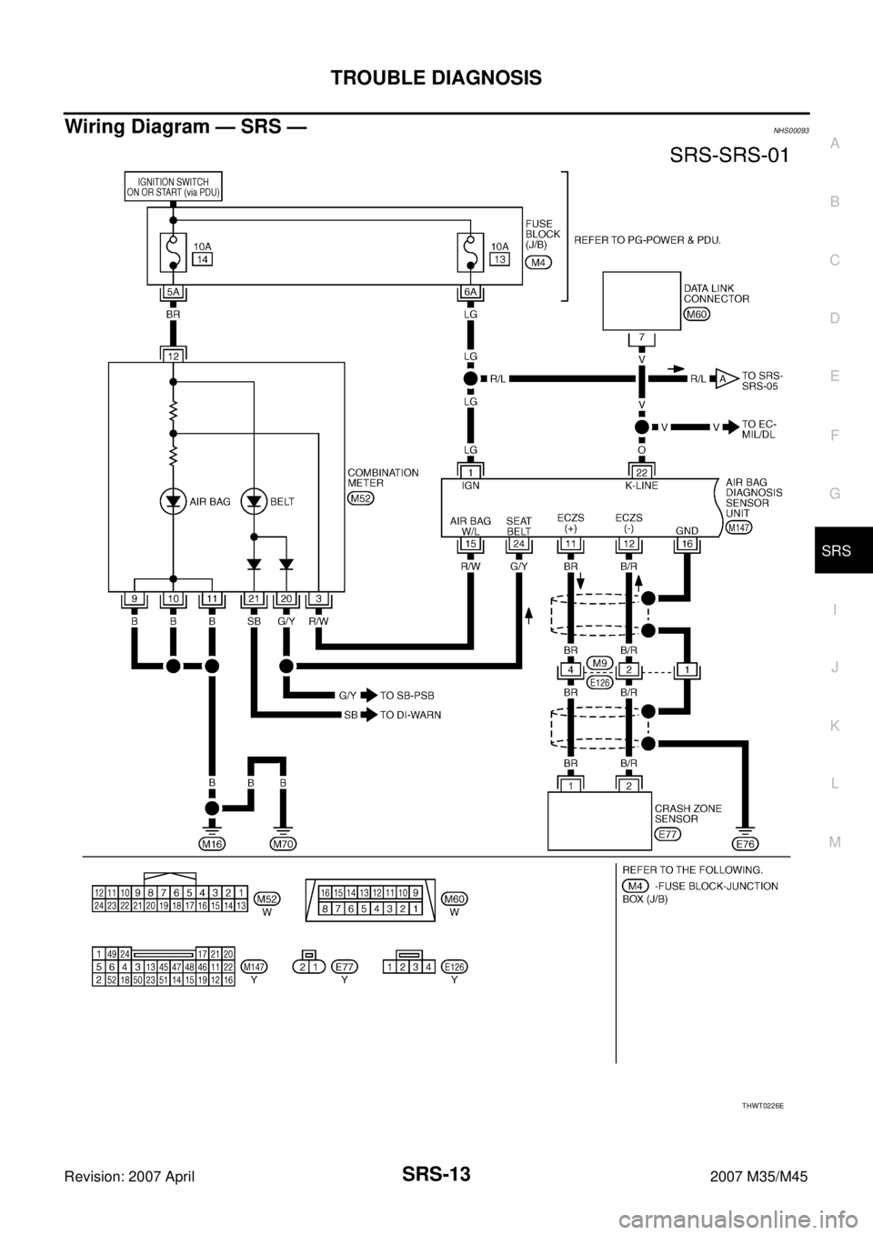 INFINITI M35 2007  Factory Service Manual TROUBLE DIAGNOSIS
SRS-13
C
D
E
F
G
I
J
K
L
MA
B
SRS
Revision: 2007 April2007 M35/M45
Wiring Diagram — SRS —NHS00093
THWT0226E 