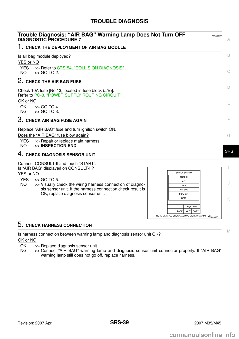 INFINITI M35 2007  Factory Service Manual TROUBLE DIAGNOSIS
SRS-39
C
D
E
F
G
I
J
K
L
MA
B
SRS
Revision: 2007 April2007 M35/M45
Trouble Diagnosis: “AIR BAG” Warning Lamp Does Not Turn OFFNHS00099
DIAGNOSTIC PROCEDURE 7
1. CHECK THE DEPLOYM