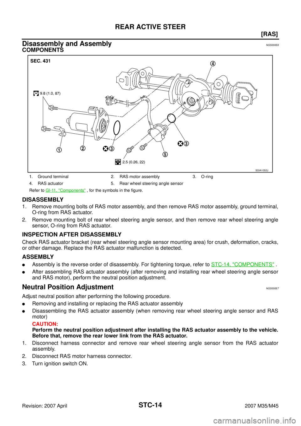 INFINITI M35 2007  Factory Service Manual STC-14
[RAS]
REAR ACTIVE STEER
Revision: 2007 April2007 M35/M45
Disassembly and AssemblyNGS000E6
COMPONENTS
DISASSEMBLY
1. Remove mounting bolts of RAS motor assembly, and then remove RAS motor assemb