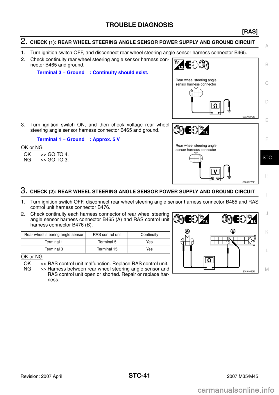 INFINITI M35 2007  Factory Service Manual TROUBLE DIAGNOSIS
STC-41
[RAS]
C
D
E
F
H
I
J
K
L
MA
B
STC
Revision: 2007 April2007 M35/M45
2. CHECK (1): REAR WHEEL STEERING ANGLE SENSOR POWER SUPPLY AND GROUND CIRCUIT
1. Turn ignition switch OFF, a
