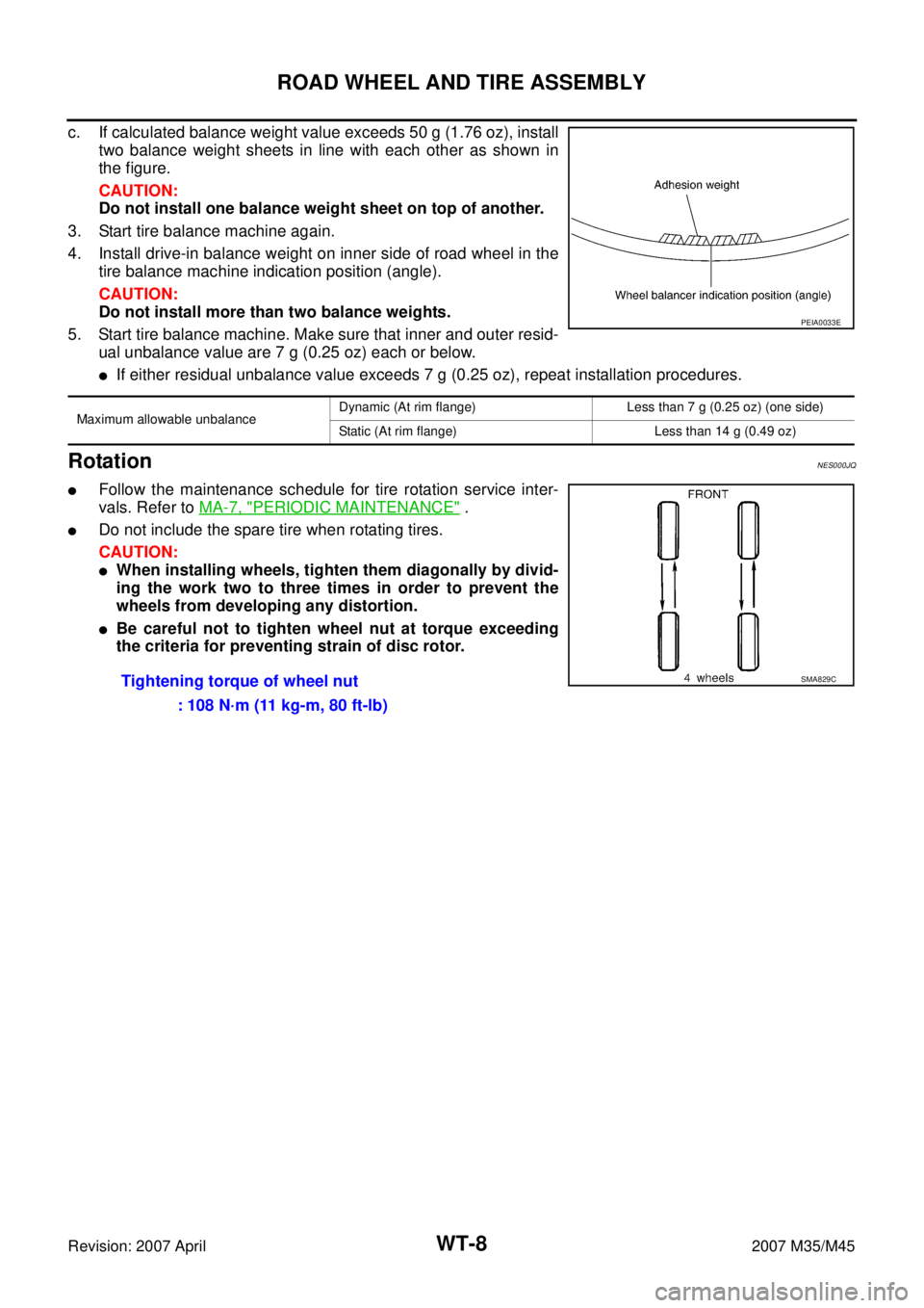 INFINITI M35 2007 Factory Service Manual WT-8
ROAD WHEEL AND TIRE ASSEMBLY
Revision: 2007 April2007 M35/M45
c. If calculated balance weight value exceeds 50 g (1.76 oz), install
two balance weight sheets in line with each other as shown in
t INFINITI M35 2007 Factory Service Manual WT-8
ROAD WHEEL AND TIRE ASSEMBLY
Revision: 2007 April2007 M35/M45
c. If calculated balance weight value exceeds 50 g (1.76 oz), install
two balance weight sheets in line with each other as shown in
t