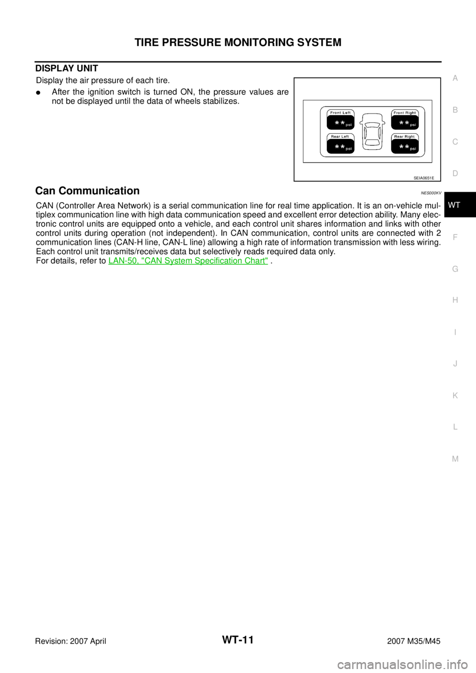 INFINITI M35 2007 Factory Service Manual TIRE PRESSURE MONITORING SYSTEM
WT-11
C
D
F
G
H
I
J
K
L
MA
B
WT
Revision: 2007 April2007 M35/M45
DISPLAY UNIT
Display the air pressure of each tire.
After the ignition switch is turned ON, the pressu INFINITI M35 2007 Factory Service Manual TIRE PRESSURE MONITORING SYSTEM
WT-11
C
D
F
G
H
I
J
K
L
MA
B
WT
Revision: 2007 April2007 M35/M45
DISPLAY UNIT
Display the air pressure of each tire.
After the ignition switch is turned ON, the pressu