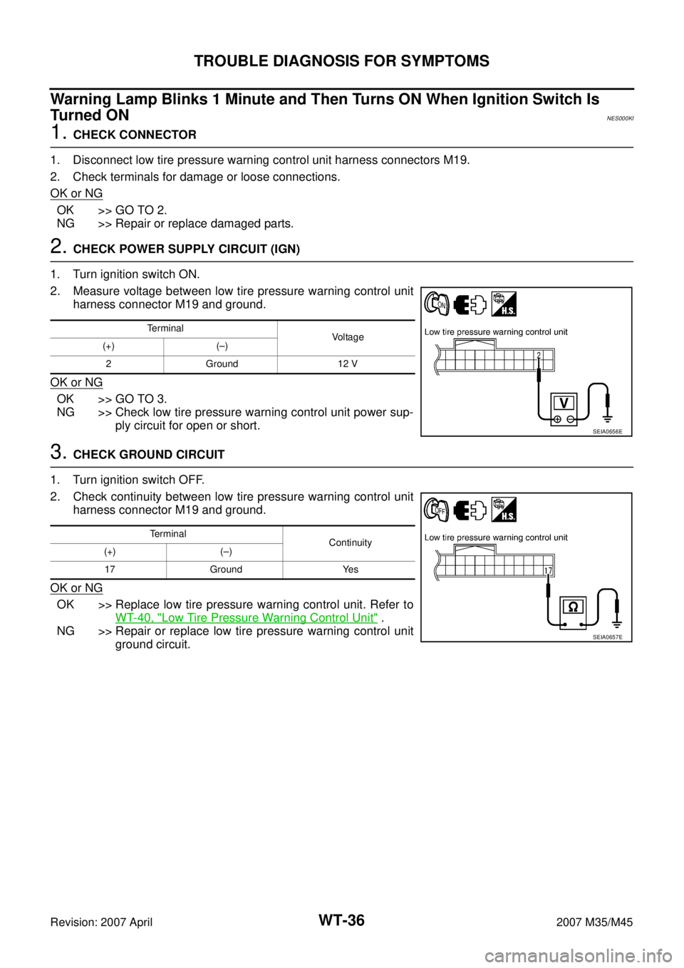 INFINITI M35 2007 Factory Service Manual WT-36
TROUBLE DIAGNOSIS FOR SYMPTOMS
Revision: 2007 April2007 M35/M45
Warning Lamp Blinks 1 Minute and Then Turns ON When Ignition Switch Is
Tu r n e d O N
NES000KI
1. CHECK CONNECTOR
1. Disconnect INFINITI M35 2007 Factory Service Manual WT-36
TROUBLE DIAGNOSIS FOR SYMPTOMS
Revision: 2007 April2007 M35/M45
Warning Lamp Blinks 1 Minute and Then Turns ON When Ignition Switch Is
Tu r n e d O N
NES000KI
1. CHECK CONNECTOR
1. Disconnect