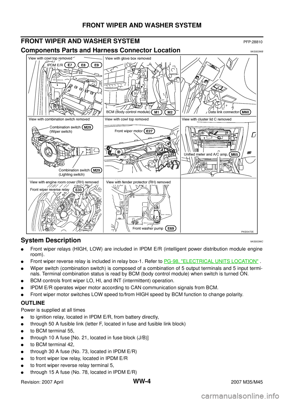 INFINITI M35 2007  Factory Service Manual WW-4
FRONT WIPER AND WASHER SYSTEM
Revision: 2007 April2007 M35/M45
FRONT WIPER AND WASHER SYSTEMPFP:28810
Components Parts and Harness Connector LocationNKS003WB
System DescriptionNKS003WC
Front wip