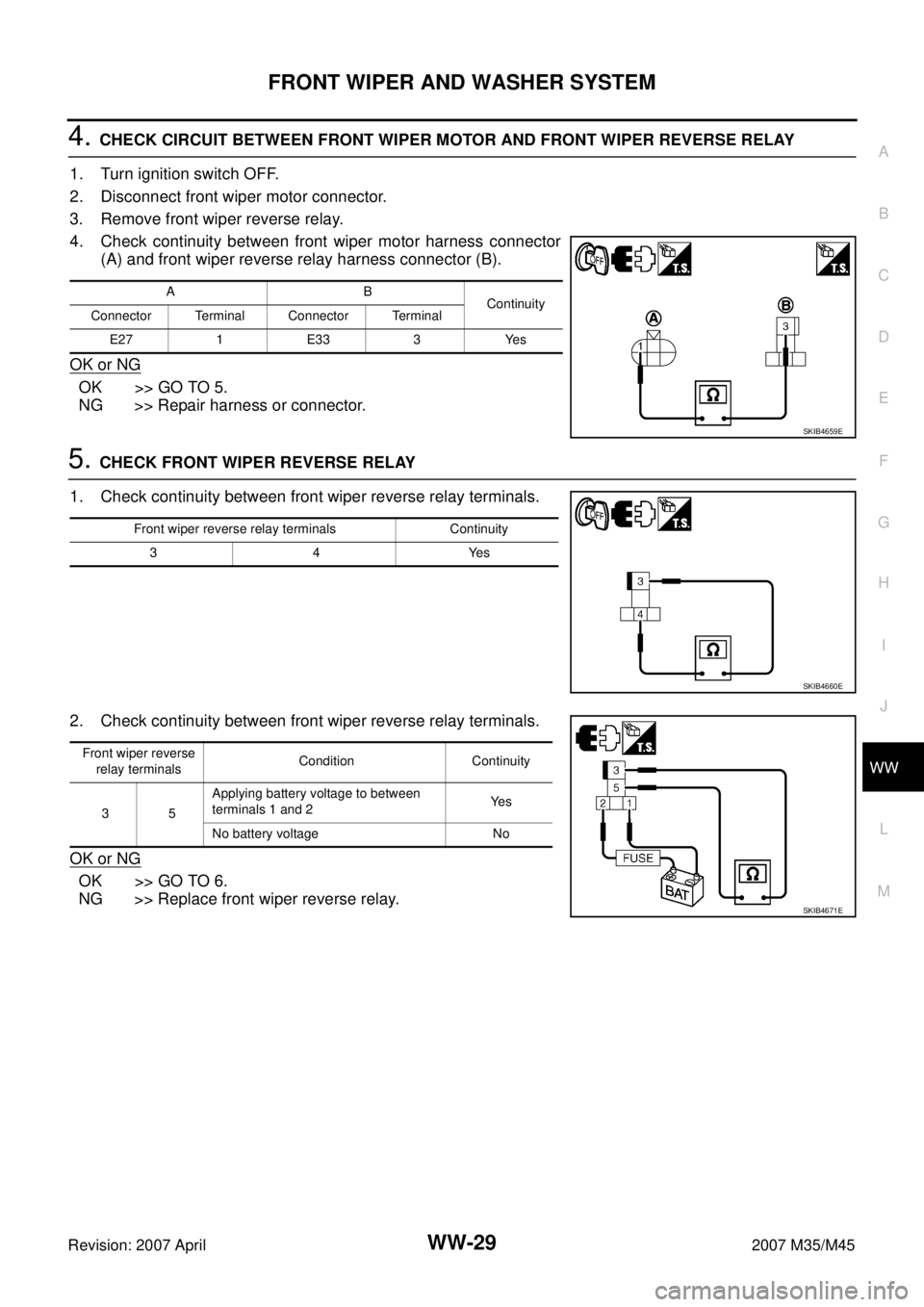 INFINITI M35 2007  Factory Service Manual FRONT WIPER AND WASHER SYSTEM
WW-29
C
D
E
F
G
H
I
J
L
MA
B
WW
Revision: 2007 April2007 M35/M45
4. CHECK CIRCUIT BETWEEN FRONT WIPER MOTOR AND FRONT WIPER REVERSE RELAY 
1. Turn ignition switch OFF.
2.