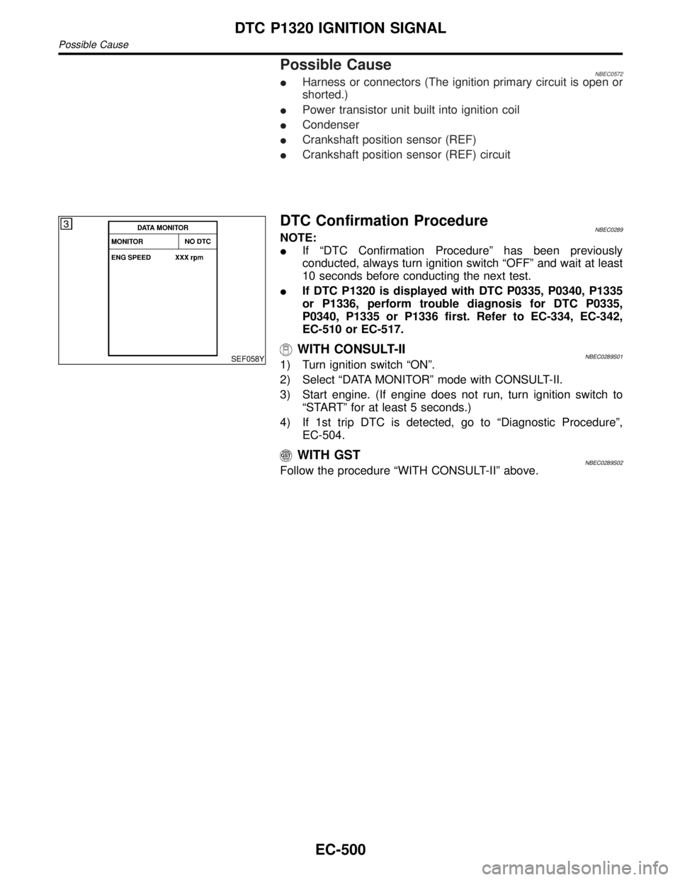 INFINITI QX4 2001  Factory Service Manual Possible CauseNBEC0572IHarness or connectors (The ignition primary circuit is open or
shorted.)
IPower transistor unit built into ignition coil
ICondenser
ICrankshaft position sensor (REF)
ICrankshaft