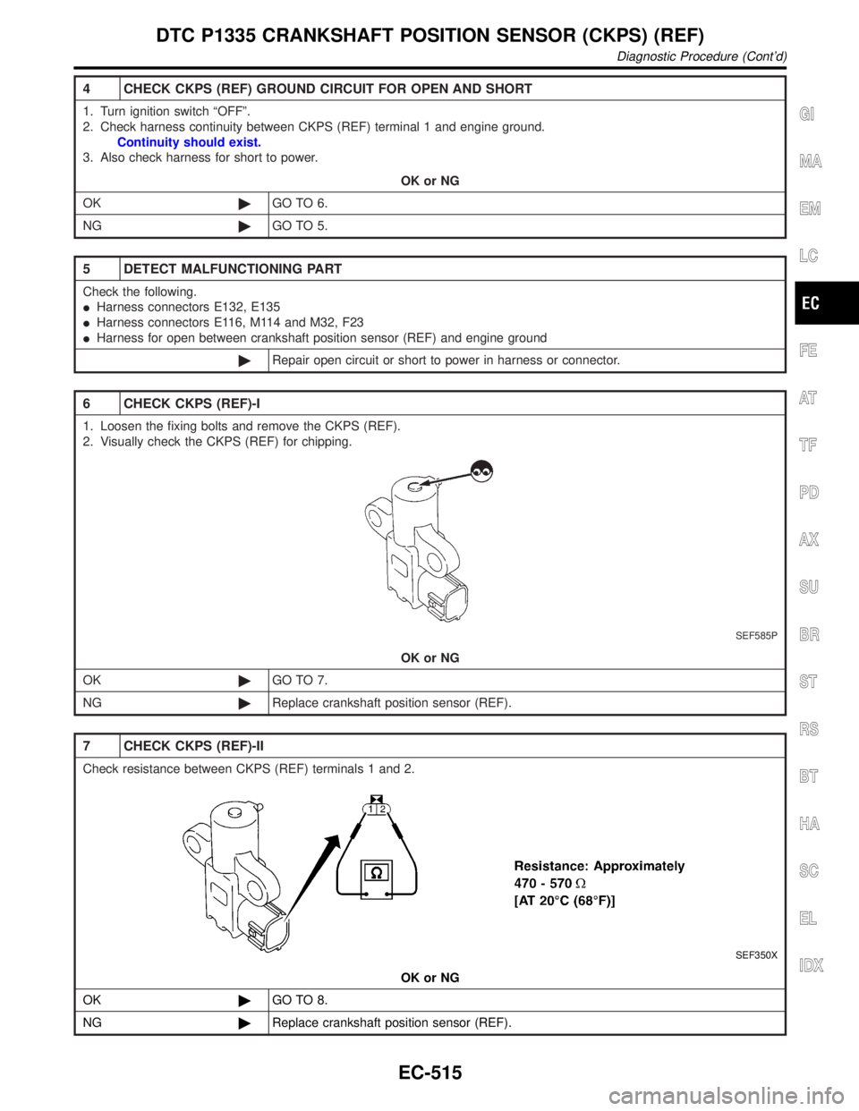 INFINITI QX4 2001  Factory Service Manual 4 CHECK CKPS (REF) GROUND CIRCUIT FOR OPEN AND SHORT
1. Turn ignition switch ªOFFº.
2. Check harness continuity between CKPS (REF) terminal 1 and engine ground.
Continuity should exist.
3. Also chec