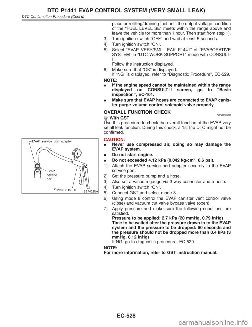 INFINITI QX4 2001  Factory Service Manual place or refilling/draining fuel until the output voltage condition
of the ªFUEL LEVEL SEº meets within the range above and
leave the vehicle for more than 1 hour. Then start from step 1).
3) Turn i