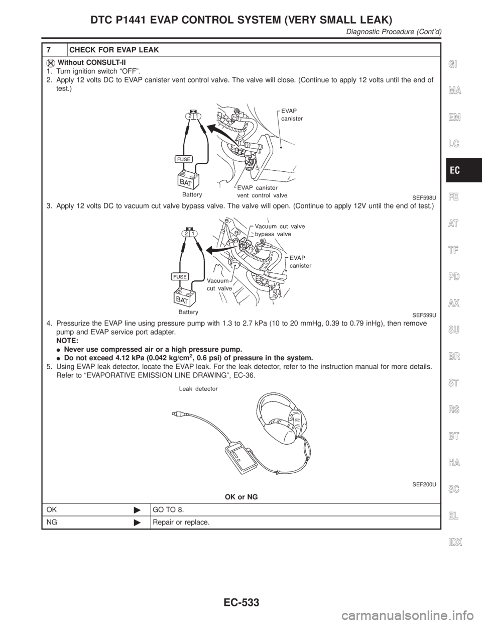 INFINITI QX4 2001  Factory Service Manual 7 CHECK FOR EVAP LEAK
Without CONSULT-II
1. Turn ignition switch ªOFFº.
2. Apply 12 volts DC to EVAP canister vent control valve. The valve will close. (Continue to apply 12 volts until the end of
t