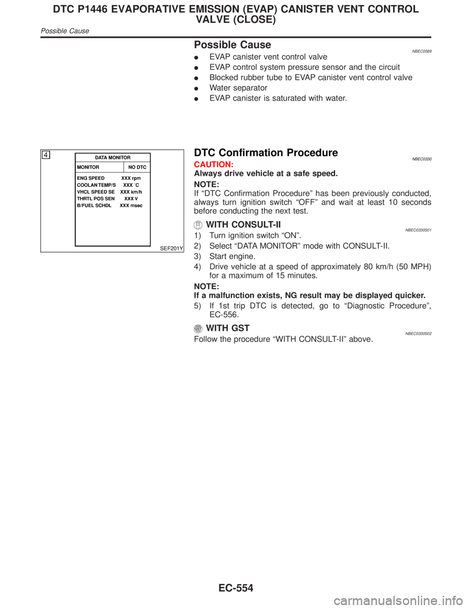 INFINITI QX4 2001 Factory Service Manual Possible CauseNBEC0589IEVAP canister vent control valve
IEVAP control system pressure sensor and the circuit
IBlocked rubber tube to EVAP canister vent control valve
IWater separator
IEVAP canister is INFINITI QX4 2001 Factory Service Manual Possible CauseNBEC0589IEVAP canister vent control valve
IEVAP control system pressure sensor and the circuit
IBlocked rubber tube to EVAP canister vent control valve
IWater separator
IEVAP canister is