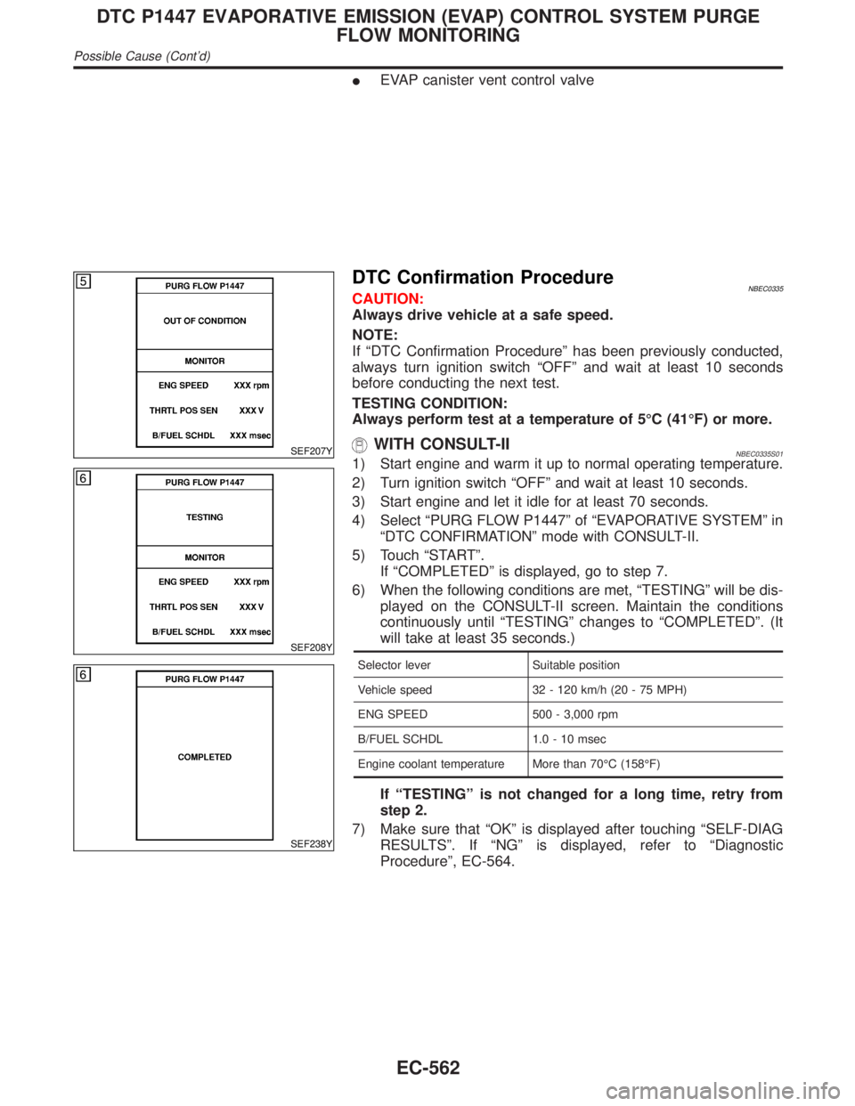 INFINITI QX4 2001 Factory Service Manual IEVAP canister vent control valve
SEF207Y
SEF208Y
SEF238Y
DTC Confirmation ProcedureNBEC0335CAUTION:
Always drive vehicle at a safe speed.
NOTE:
If ªDTC Confirmation Procedureº has been previously c INFINITI QX4 2001 Factory Service Manual IEVAP canister vent control valve
SEF207Y
SEF208Y
SEF238Y
DTC Confirmation ProcedureNBEC0335CAUTION:
Always drive vehicle at a safe speed.
NOTE:
If ªDTC Confirmation Procedureº has been previously c