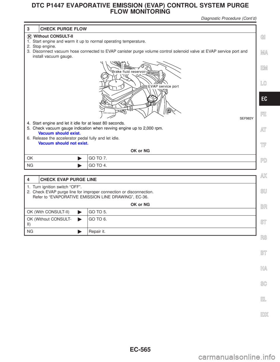 INFINITI QX4 2001  Factory Service Manual 3 CHECK PURGE FLOW
Without CONSULT-II
1. Start engine and warm it up to normal operating temperature.
2. Stop engine.
3. Disconnect vacuum hose connected to EVAP canister purge volume control solenoid