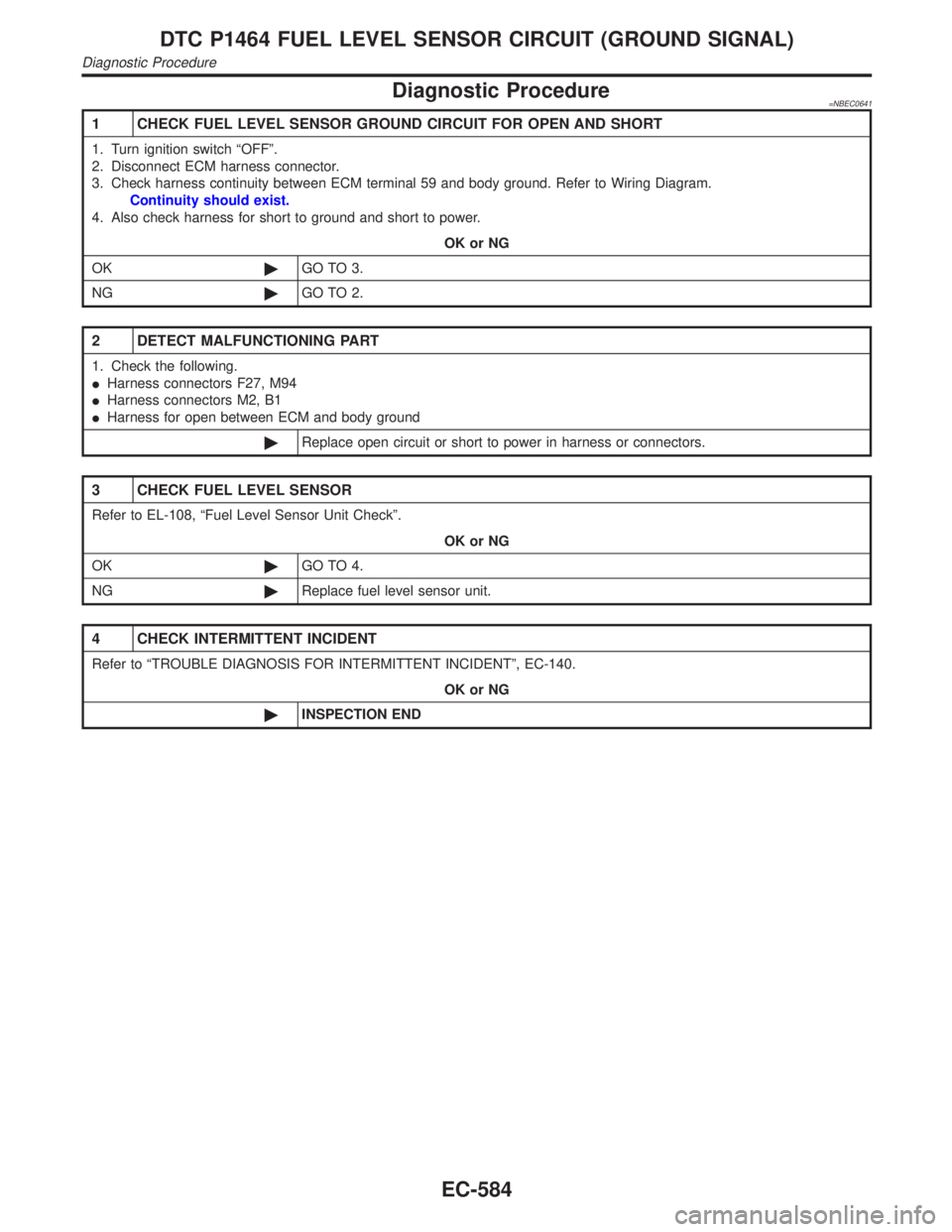 INFINITI QX4 2001  Factory Service Manual Diagnostic Procedure=NBEC0641
1 CHECK FUEL LEVEL SENSOR GROUND CIRCUIT FOR OPEN AND SHORT
1. Turn ignition switch ªOFFº.
2. Disconnect ECM harness connector.
3. Check harness continuity between ECM 