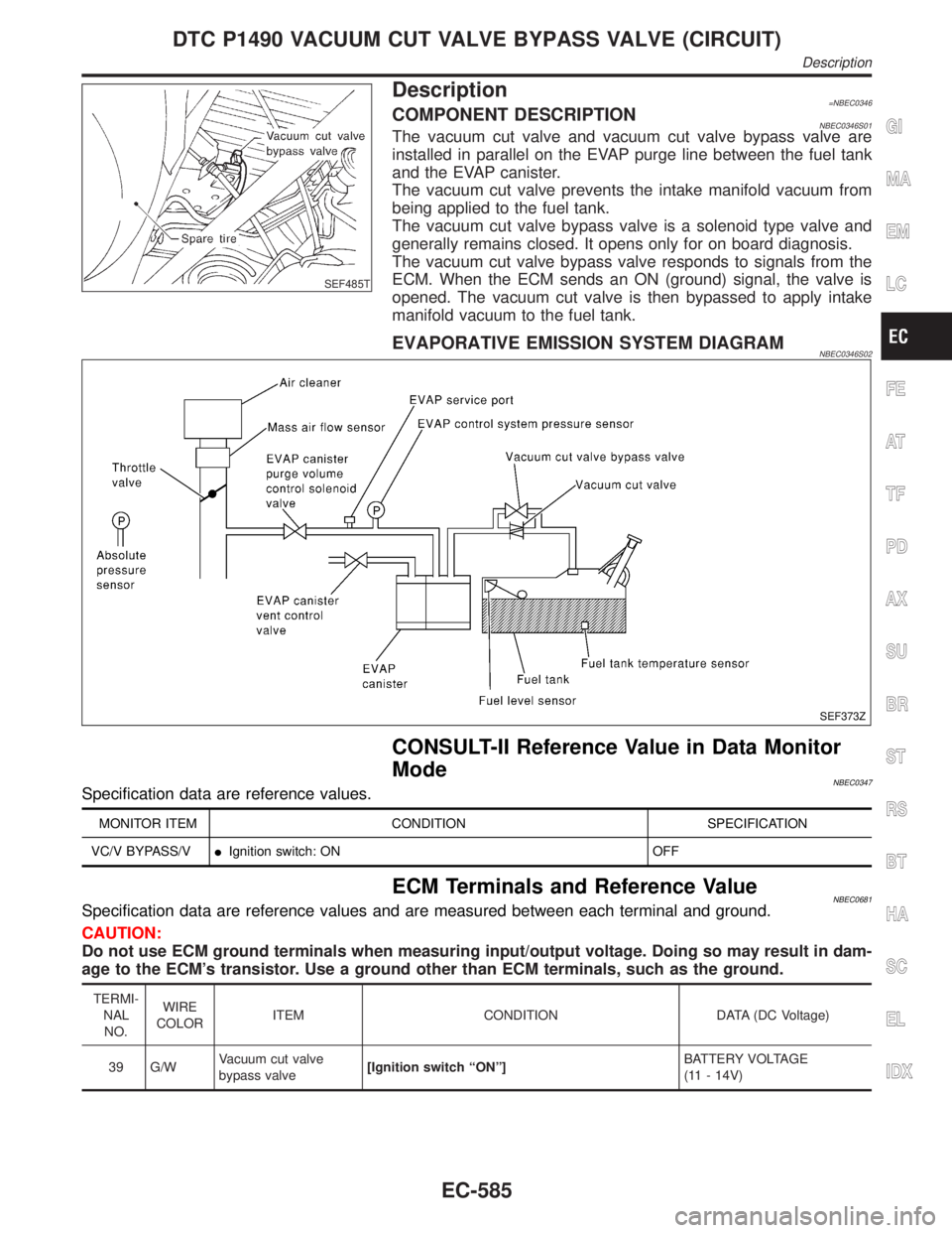 INFINITI QX4 2001 Factory Service Manual SEF485T
Description=NBEC0346COMPONENT DESCRIPTIONNBEC0346S01The vacuum cut valve and vacuum cut valve bypass valve are
installed in parallel on the EVAP purge line between the fuel tank
and the EVAP c INFINITI QX4 2001 Factory Service Manual SEF485T
Description=NBEC0346COMPONENT DESCRIPTIONNBEC0346S01The vacuum cut valve and vacuum cut valve bypass valve are
installed in parallel on the EVAP purge line between the fuel tank
and the EVAP c
