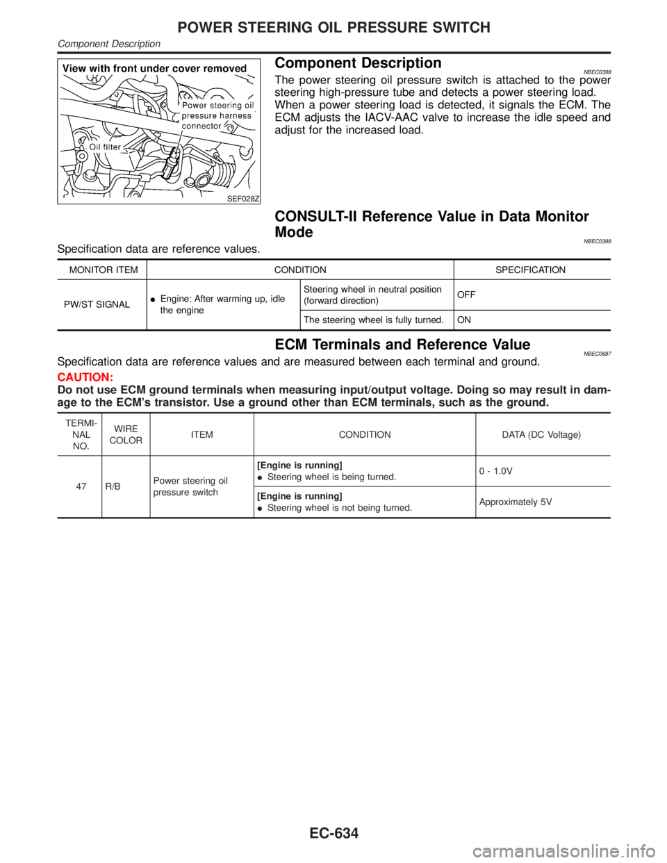 INFINITI QX4 2001 Factory Service Manual SEF028Z
Component DescriptionNBEC0398The power steering oil pressure switch is attached to the power
steering high-pressure tube and detects a power steering load.
When a power steering load is detect INFINITI QX4 2001 Factory Service Manual SEF028Z
Component DescriptionNBEC0398The power steering oil pressure switch is attached to the power
steering high-pressure tube and detects a power steering load.
When a power steering load is detect
