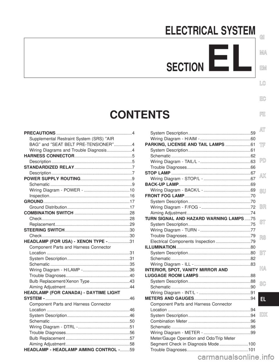 INFINITI QX4 2001  Factory Service Manual ELECTRICAL SYSTEM
SECTION
EL
CONTENTS
PRECAUTIONS...............................................................4
Supplemental Restraint System (SRS)²AIR
BAG²and²SEAT BELT PRE-TENSIONER²..........