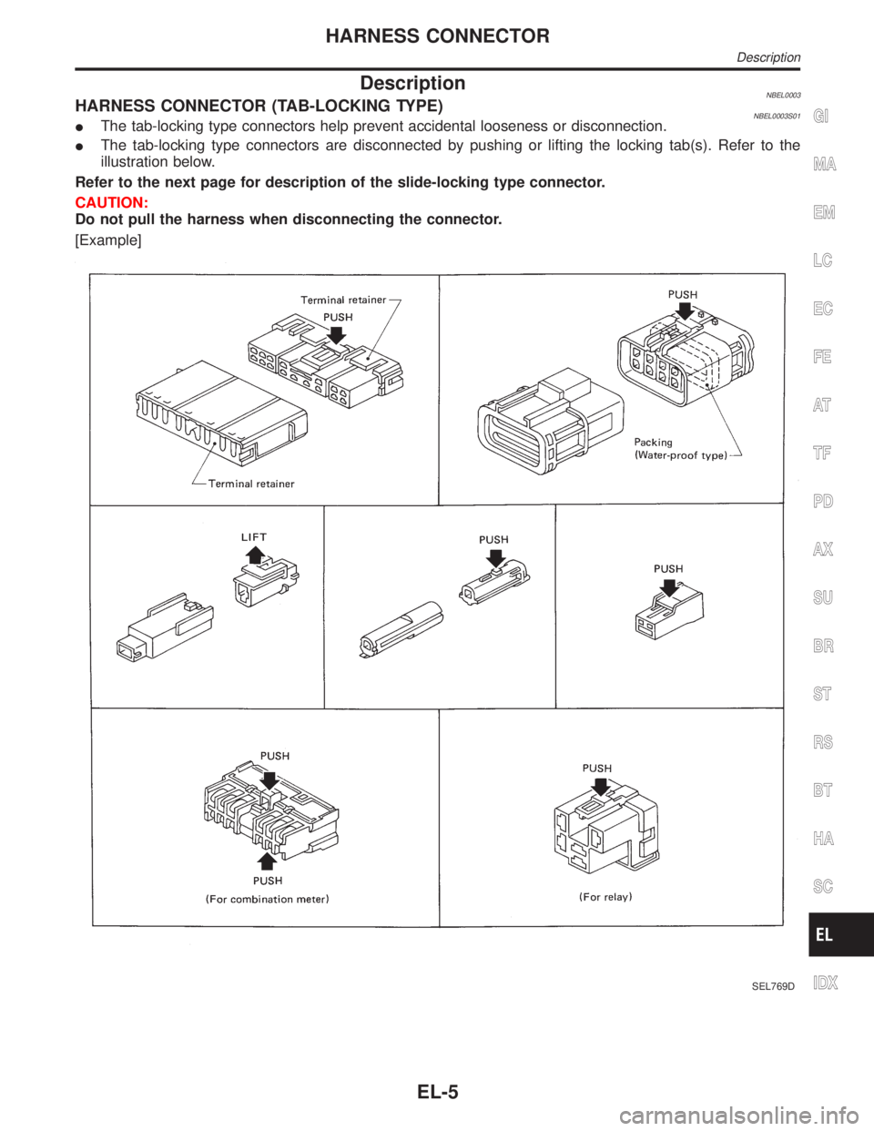 INFINITI QX4 2001  Factory Service Manual DescriptionNBEL0003HARNESS CONNECTOR (TAB-LOCKING TYPE)NBEL0003S01IThe tab-locking type connectors help prevent accidental looseness or disconnection.
IThe tab-locking type connectors are disconnected
