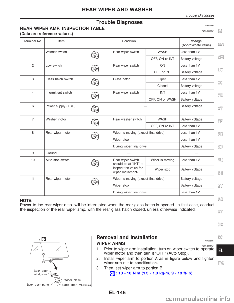 INFINITI QX4 2001 Factory Service Manual Trouble DiagnosesNBEL0066REAR WIPER AMP. INSPECTION TABLENBEL0066S01(Data are reference values.)
Terminal No. Item Condition Voltage
(Approximate value)
1 Washer switch
Rear wiper switch WASH Less tha INFINITI QX4 2001 Factory Service Manual Trouble DiagnosesNBEL0066REAR WIPER AMP. INSPECTION TABLENBEL0066S01(Data are reference values.)
Terminal No. Item Condition Voltage
(Approximate value)
1 Washer switch
Rear wiper switch WASH Less tha