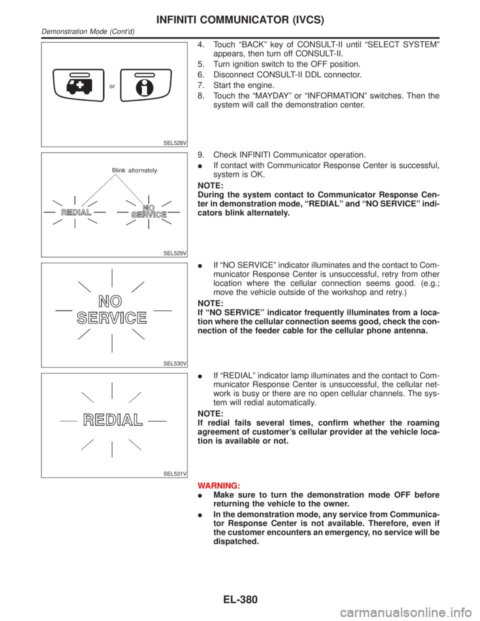 INFINITI QX4 2001 Factory Service Manual SEL528V
4. Touch ªBACKº key of CONSULT-II until ªSELECT SYSTEMº
appears, then turn off CONSULT-II.
5. Turn ignition switch to the OFF position.
6. Disconnect CONSULT-II DDL connector.
7. Start the INFINITI QX4 2001 Factory Service Manual SEL528V
4. Touch ªBACKº key of CONSULT-II until ªSELECT SYSTEMº
appears, then turn off CONSULT-II.
5. Turn ignition switch to the OFF position.
6. Disconnect CONSULT-II DDL connector.
7. Start the
