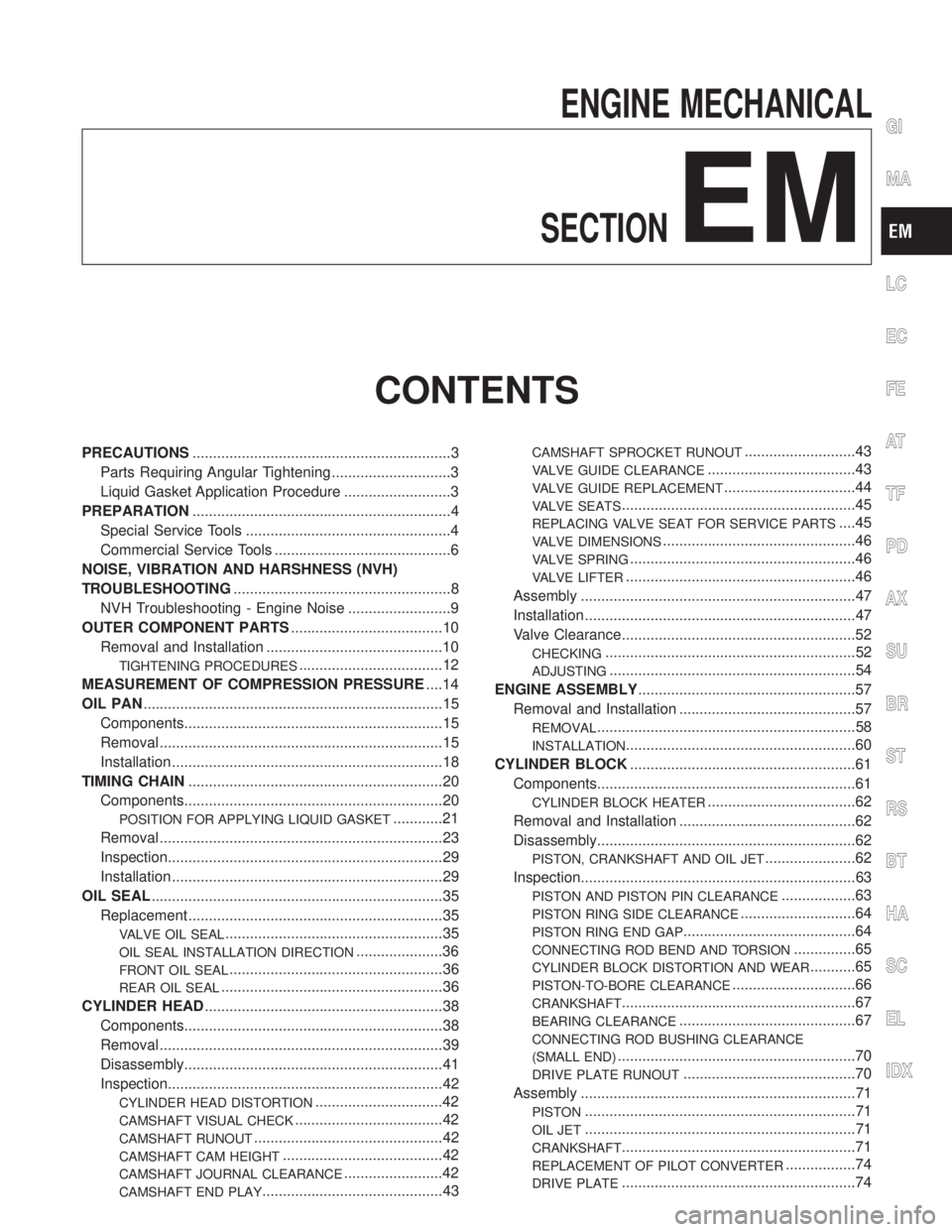 INFINITI QX4 2001  Factory Service Manual ENGINE MECHANICAL
SECTION
EM
CONTENTS
PRECAUTIONS...............................................................3
Parts Requiring Angular Tightening .............................3
Liquid Gasket Applic