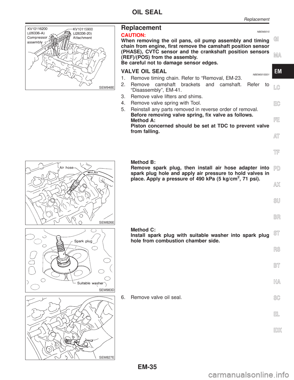 INFINITI QX4 2001  Factory Service Manual SEM948E
ReplacementNBEM0015CAUTION:
When removing the oil pans, oil pump assembly and timing
chain from engine, first remove the camshaft position sensor
(PHASE), CVTC sensor and the crankshaft positi